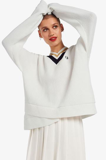 White Fred Perry Tipped V-Neck Jumper Women's Knitwear | PH 1937PJJQ